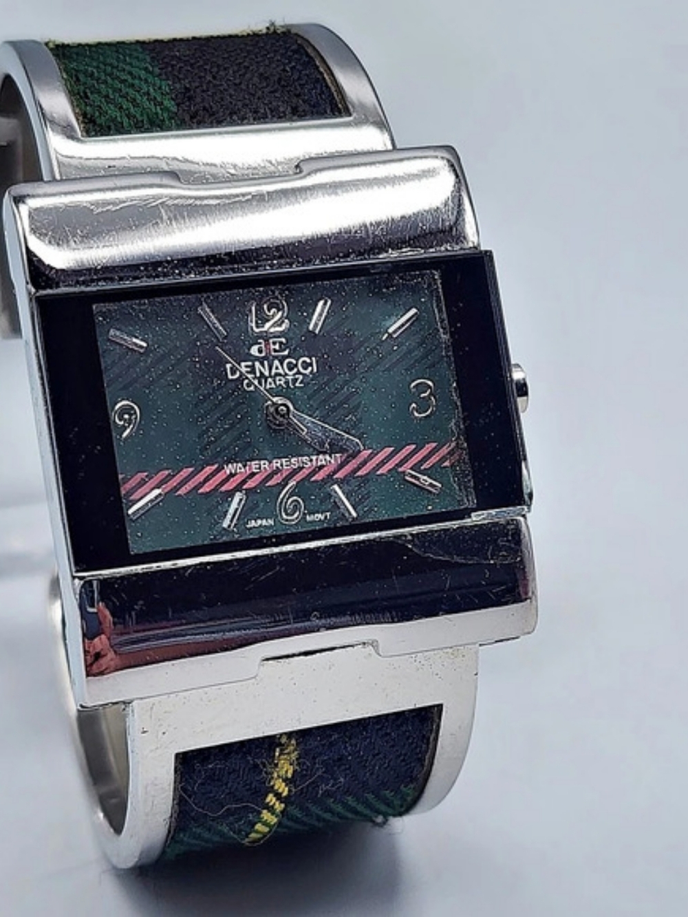 Vintage Denacci Rectangular Plaid Watch Bangle Style Black & Silver See ALL pics